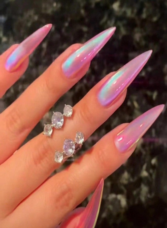 MISUD Press on Nails - Long Stiletto Fake Nails with Purple Chrome, Acrylic Bling Cat Eye Design 24 pcs - Image 1